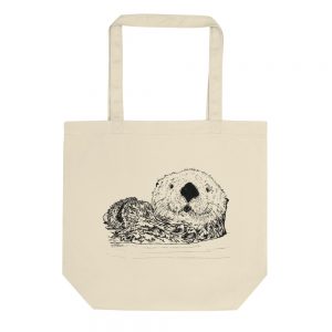 Natural Pen & Ink Sea Otter Head eco tote with an ink drawing of a floating sea otter