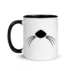 Back of the black-handled It's An Otter Thing mug with an otter nose and whiskers
