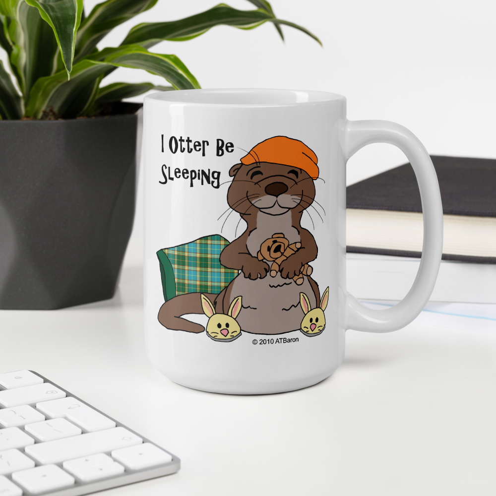 I Otter Be Sleeping Mug-white-15oz-lifestyle | Otter Things I Otter Be Sleeping mug on a white desk beside a keyboard and a potted plant