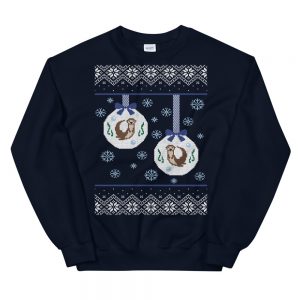 Navy Otter Ornament holiday sweatshirt: two otter ornaments on a snowflake sweater pattern