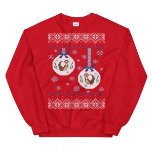 Otter Ornament Holiday Unisex Sweatshirt-red-front | Otter Things Red Otter Ornament holiday sweatshirt: two otter ornaments on a snowflake sweater pattern
