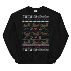 Black Sea Otter Holiday sweatshirt with knit-style rows of floating sea otters, hearts and snowflakes