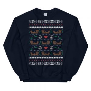 Sea Otter Holiday Unisex Sweatshirt-navy-front | Otter Things Navy Sea Otter Holiday sweatshirt with knit-style rows of floating sea otters, hearts and snowflakes