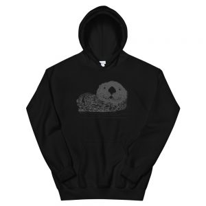 Black Pen & Ink Sea Otter Head unisex hoodie with a large grey ink sea otter drawing