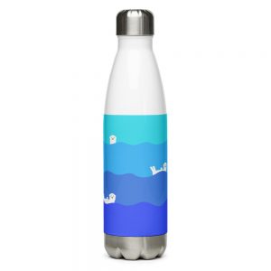 Ocean Otter Gradient Stainless Steel Water Bottle-white-17oz-front | Otter Things White Ocean Otter Gradient stainless steel water bottle wrapped in blue waves with floating otters