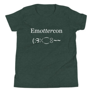 Heather forest green EmOTTERcon youth T-shirt with "Emottercon" and a text-emoticon otter