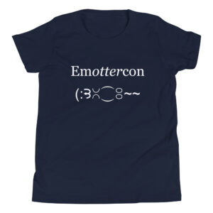 Navy EmOTTERcon youth T-shirt printed with "Emottercon" and a text-emoticon otter