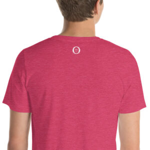 Back of a heather raspberry T-shirt on a person, with a small Otter Things logo below the collar