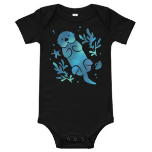 Black Sea Otter Tie-Dye baby bodysuit with a blue-teal sea otter floating among kelp
