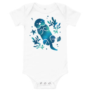 White Sea Otter Tie-Dye baby bodysuit with a blue-teal sea otter floating among kelp