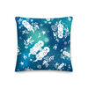 Square Sea Otter Tie-Dye pillow: two white otters holding hands among kelp on blue-teal tie-dye