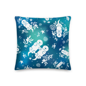 Sea Otter Tie-dye Premium Pillow-18x18-front | Otter Things Square Sea Otter Tie-Dye pillow: two white otters holding hands among kelp on blue-teal tie-dye