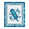 Sea Otter Tie-Dye throw blanket laid flat: a blue tie-dye otter floating among kelp, shell border