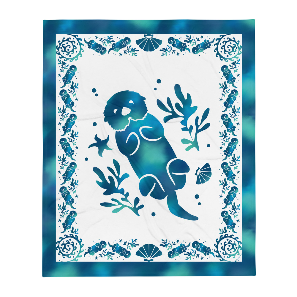 Sea Otter Tie-dye Throw Blanket-50x60-front | Otter Things Sea Otter Tie-Dye throw blanket laid flat: a blue tie-dye otter floating among kelp, shell border