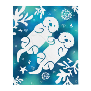 Sea Otters Holding Hands Tie-dye Throw Blanket-50x60-front | Otter Things Sea Otters Holding Hands throw: two white sea otters floating hand in hand among kelp on blue-teal tie-dye