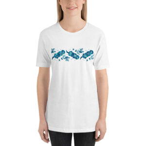 Person wearing the white Sea Otter Tie-Dye Striped unisex T-shirt