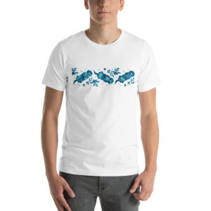 Person wearing the white Sea Otter Tie-Dye Striped T-shirt with a band of blue swimming otters
