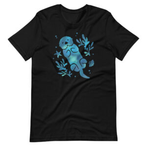 Black Sea Otter Tie-Dye unisex T-shirt with a blue-teal sea otter floating among kelp