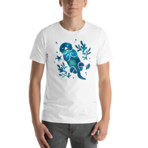 Person wearing the white Sea Otter Tie-Dye T-shirt with a blue-teal otter floating among kelp