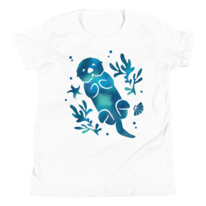 White Sea Otter Tie-Dye youth T-shirt with a blue-teal sea otter floating among kelp