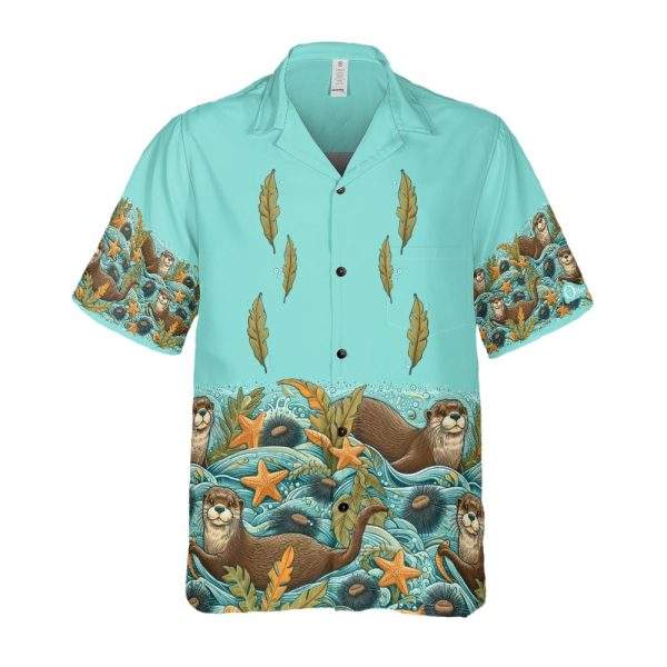The Otters In Waves Unisex Hawaiian Shirt is a turquoise short-sleeve button-up featuring illustrated otters swimming among waves, starfish, seaweed, floating kelp, and detailed ocean designs on the sleeves and hem.