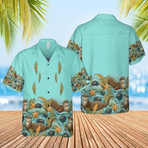 Front and back of the Otters In Waves Hawaiian shirt on a sunny wooden deck under palm leaves