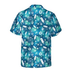 Back of the Sea Otter Tie-Dye Hawaiian shirt with white otters on blue-teal tie-dye