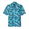Sea Otter Tie-Dye Hawaiian shirt: white otters, shells and flowers on a blue-teal button-up