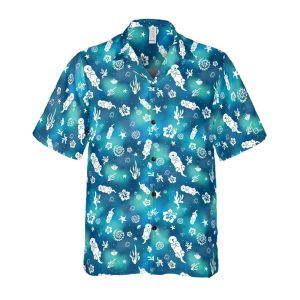 Sea Otter Tie-Dye Hawaiian shirt: white otters, shells and flowers on a blue-teal button-up
