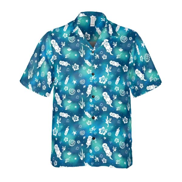Sea Otter Tie-Dye Hawaiian shirt: white otters, shells and flowers on a blue-teal button-up