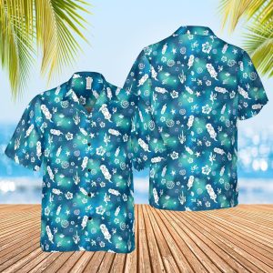 Front and back of the Sea Otter Tie-Dye Hawaiian shirt on a sunny wooden deck under palm leaves