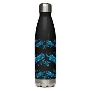 A Sea Otter Tie-Dye Striped Stainless Steel Water Bottle in black with a silver cap, featuring a repeating pattern of playful blue sea otters and kelp on the sides.
