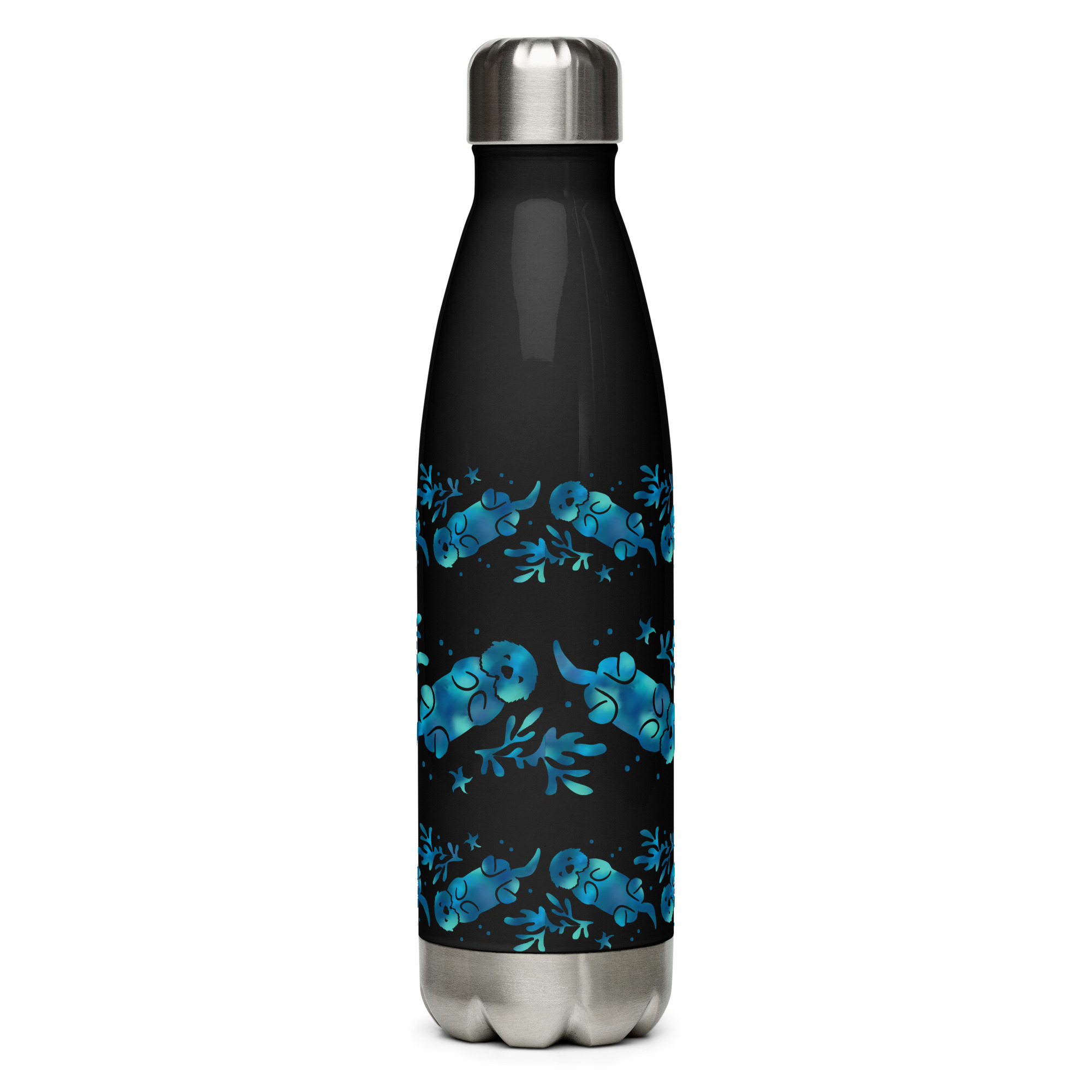 Stainless-steel-water-bottle-black-17-oz-back-67361840d1472 | Otter Things A Sea Otter Tie-Dye Striped Stainless Steel Water Bottle in black with a silver cap, featuring a repeating pattern of playful blue sea otters and kelp on the sides.