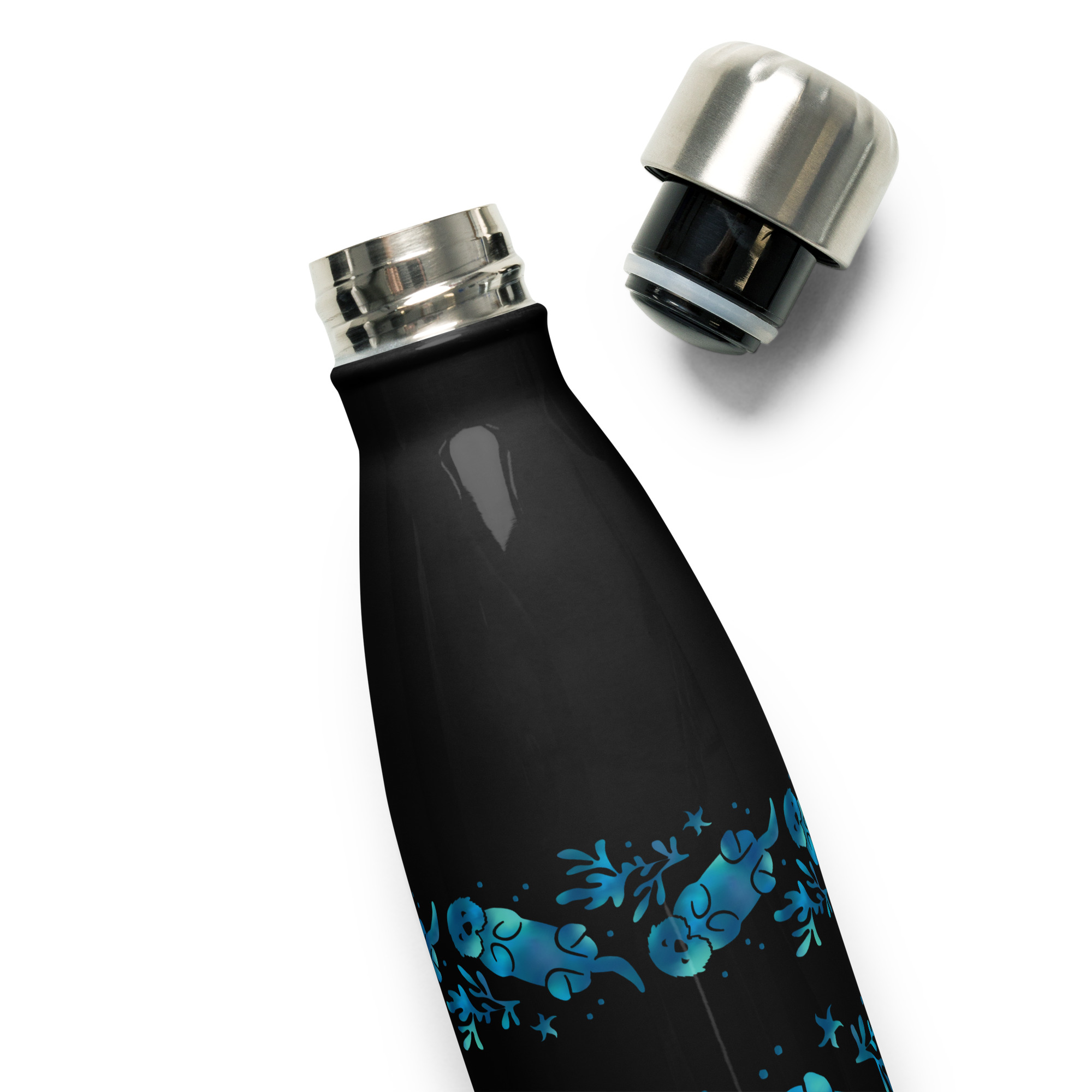 Stainless-steel-water-bottle-black-17-oz-product-details-67361840d129c | Otter Things A close up of the top of the Sea Otter Tie-Dye Striped Stainless Steel Water Bottle in black with a silver cap, featuring a repeating pattern of playful blue sea otters and kelp on the sides.