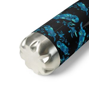 A close up of the bottom of the Sea Otter Tie-Dye Striped Stainless Steel Water Bottle in black with a silver base, featuring a repeating pattern of playful blue sea otters and kelp on the sides.