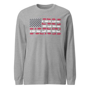 The Sea Otter USA Flag Unisex Long-Sleeve T-Shirt is gray and features an American flag design with sea otters in the red stripes and creative blue sea stars on the blue canton.