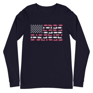 The Sea Otter USA Flag Unisex Long-Sleeve T-Shirt is navy and features an American flag design with sea otters in the red stripes and creative white sea stars on the blue canton.