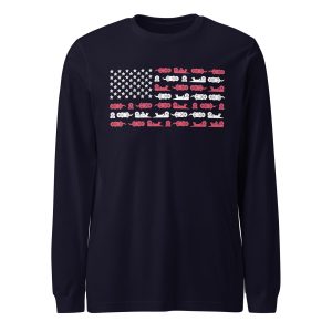 The Sea Otter USA Flag Unisex Long-Sleeve T-Shirt is navy and features an American flag design with sea otters in the red stripes and creative white sea stars on the blue canton.