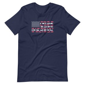 The Sea Otter USA Flag Unisex Long-Sleeve T-Shirt is navy and features an American flag design with sea otters in the red stripes and creative white sea stars on the blue canton.