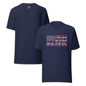 The Sea Otter USA Flag Unisex T-shirt is navy blue with a front design of an American flag made from white sea stars and red and white sea otters. The back has a small circular otter logo below the neckline.