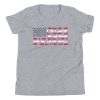 The Sea Otter USA Flag Youth Short Sleeve T-Shirt features a gray design with an American flag; blue stars in the top left and red stripes created from sea otters span the shirt.