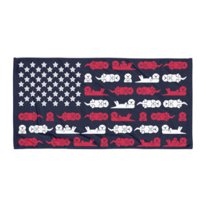 The Sea Otter USA Flag Beach Towel features a rectangular design with white stars on a blue field and red and white stripes made of cartoon sea otters lying in playful poses.