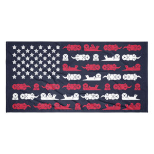 The Sea Otter USA Flag Beach Towel features cartoon sea otters in red and white replacing the flag’s stripes, with white stars on a blue background in the corner, creating a playful, animal-themed twist on the traditional American flag.