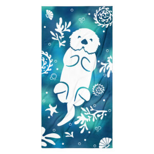 Sea Otter Tie-dye Beach Towel-white-36x72-flat | Otter Things Sea Otter Tie-Dye beach towel, 36x72: a white otter floating among kelp and shells on blue-teal tie-dye