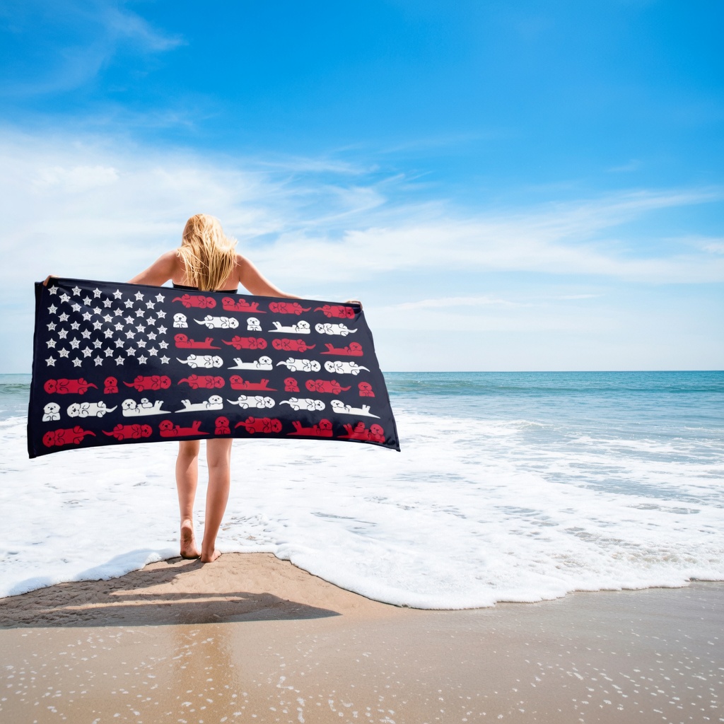 A person stands on the beach facing the ocean, holding a large towel with an American flag design created with rows of red and white otters for stripes and fifty white starfish for the stars. Waves approach the shore under a bright blue sky with scattered clouds.