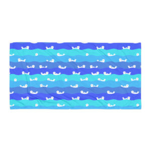 The Ocean Otter Gradient Beach Towel features a blue and teal wavy stripe pattern with small white otters floating on their backs in rows across the fabric.