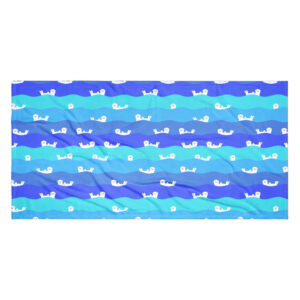 The Ocean Otter Gradient Beach Towel features alternating wavy blue stripes with small white cartoon otters floating on their backs in playful poses across the design.