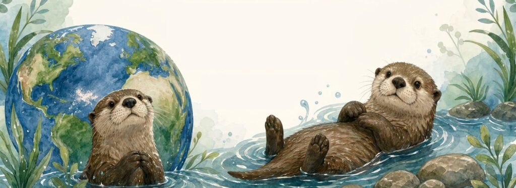 Two otters are relaxing in a stream surrounded by rocks and plants. One otter is floating on its back, while the other is upright. A watercolor Earth globe is in the background on the left side.