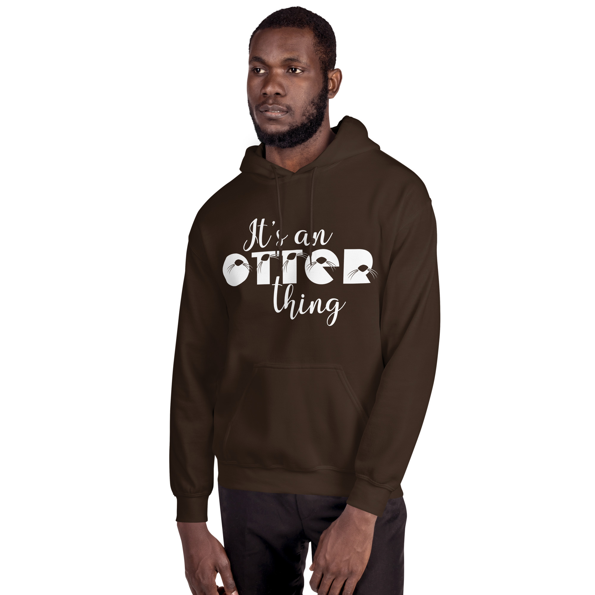 Unisex-heavy-blend-hoodie-dark-chocolate-front-2-6abac5d63b4d0 | Otter Things A man wearing a dark brown hoodie with the text “It’s an Otter Thing” written in white on the front, with some letters styled to resemble otters.
