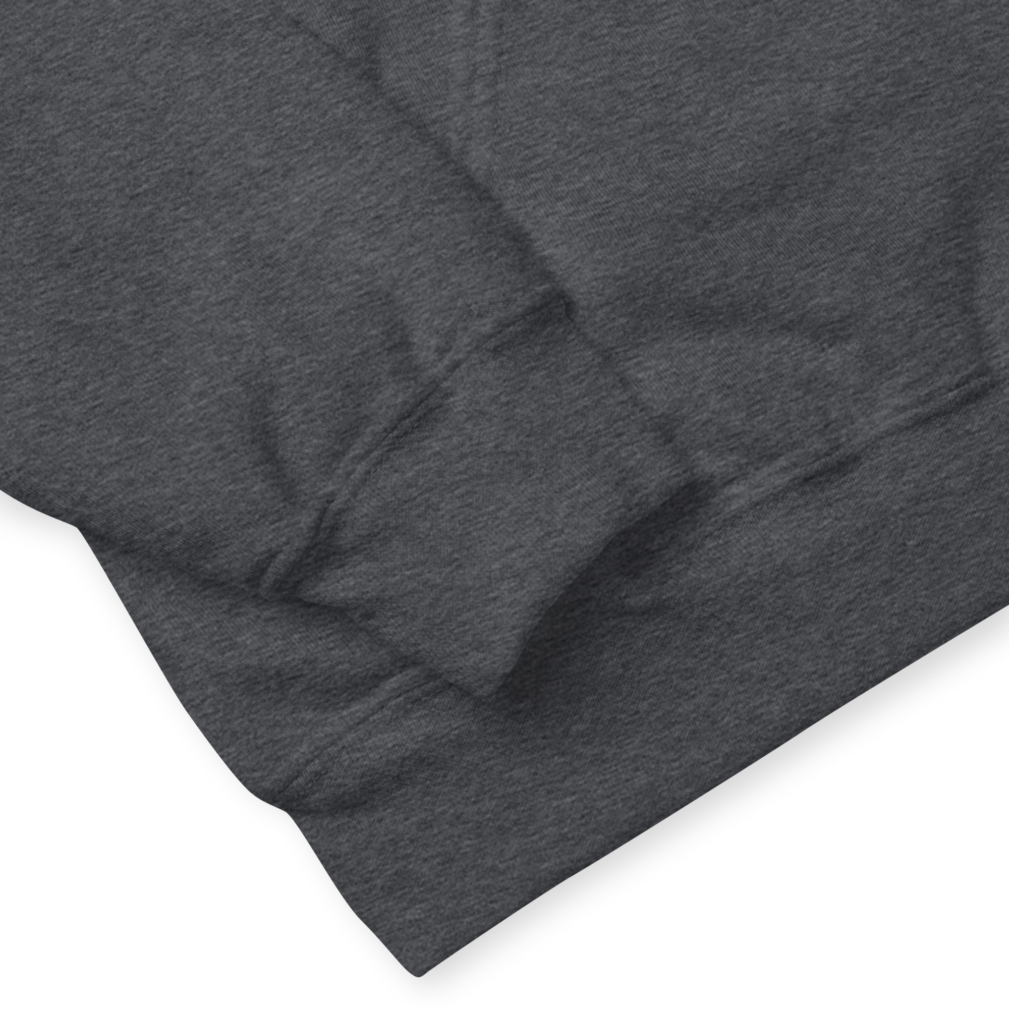 Unisex-heavy-blend-hoodie-dark-heather-product-details-2-6abac5d642170 | Otter Things Close-up of a dark gray sweatshirt sleeve and bottom hem, showing the texture and stitching of the fabric on a white background.